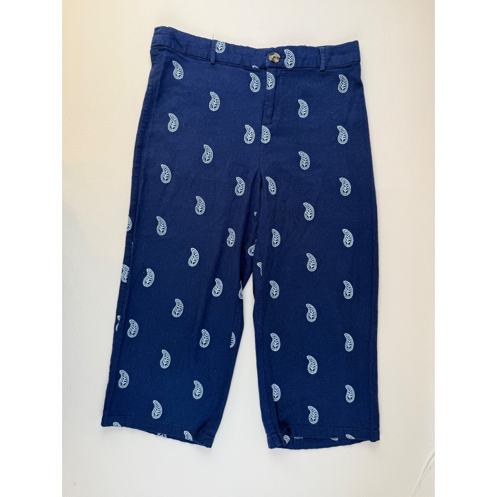 Linen Blend Paisley Print Capri Crop Pants Navy Blue Women's 10 Calligraphie